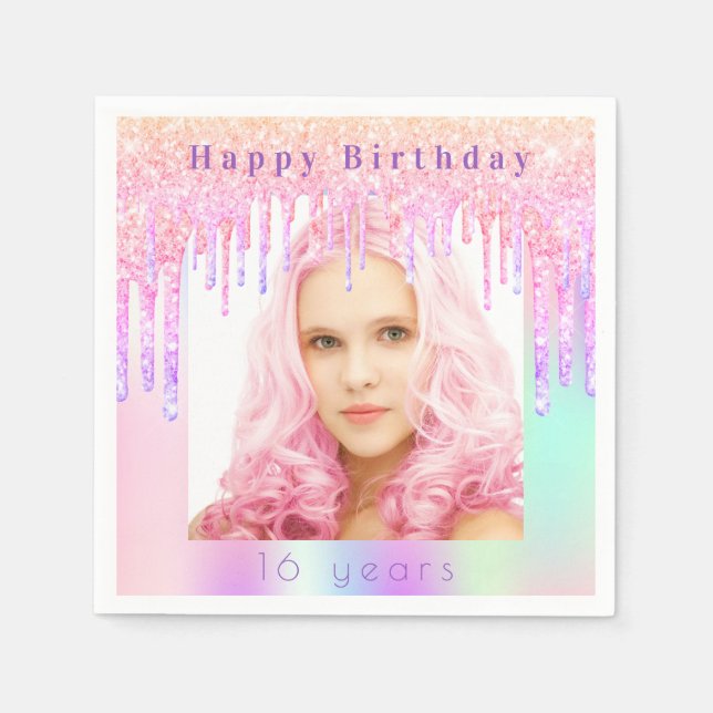 Birthday pink purple drips photo holographic napkin (Front)