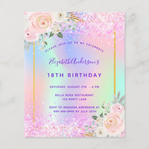 Birthday pink purple floral holographic invitation