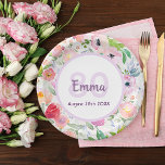 Birthday pink purple florals monogram paper plate<br><div class="desc">Summer and garden themed design,  bohemian,  boho style for a 80th summer birthday party. Soft,  feminine watercolored flowers in pink and peach colors with green leaves on a white background.
Template for a name,  age and date purple letters.</div>