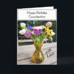 Birthday Pink Purple Flowers Grandmother or Anyone Card<br><div class="desc">Happy Birthday Grandmother is written in black typography against geometric white and grey background. Insert for Mum, Aunt, etc. Pretty bouquet of flowers in pink, blue, purple, white and yellow in glass vase on wooden outdoor picnic table. Leave card verse, or insert with your own. Colourful heart balloons. Original Photography...</div>