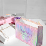 Birthday pink purple glitter drips holographic large gift bag<br><div class="desc">A gift bag for a girly and glamourous 21st (or any age) birthday.  A rainbow,  unicorn holographic coloured background in pink,  purple and rose gold with faux glitter drips,  paint dripping look. Trendy block letters and the text: happy birthday. Personalise and add a name.</div>