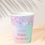 Birthday pink purple glitter dust rainbow name paper cups<br><div class="desc">For a girly 10th (or any age) birthday party.  A holographic,  rainbow coloured background in pink,  purple,  rose gold and mint green decorated with purple  and pink faux glitter dust. Personalise and add a date name and age 21.  Purple letters.</div>