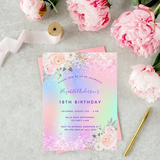 Birthday pink purple glitter floral invitation postcard (Creator Uploaded)