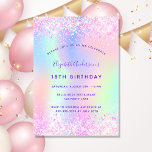 Birthday pink purple glitter holographic invitation<br><div class="desc">A girly and feminine 18th (or any age) birthday party invitation. On front: A rainbow, holographic coloured background in purple, pink, mint green, rose gold. Decorated with blush pink faux glitter, sparkles. Personalise and add a name and party details. The name is written with a hand lettered style script, purple...</div>