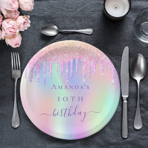 Birthday pink purple glitter holographic name paper plate