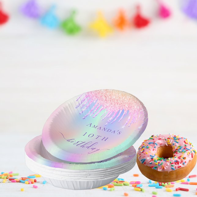 Birthday pink purple glitter holographic name paper plate (Creator Uploaded)
