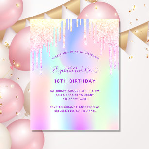 Birthday pink purple holographic invitation