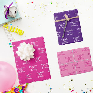 Birthday pink purple name girl wrapping paper sheet