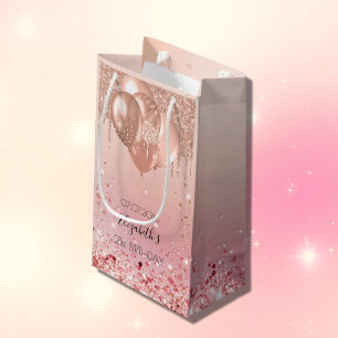 Birthday pink rose gold balloons sparkles small gift bag