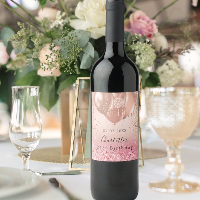 Birthday pink rose gold glitter balloons fun wine label (Creator Uploaded)