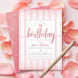 Birthday pink rose gold glitter script custom year invitation