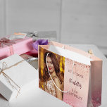 Birthday pink rose gold photo large gift bag<br><div class="desc">For a girly and glamourous 18th (or any age) birthday.  A gradient pink and rose gold background decorated with confetti. Personalise and add a photo and age/text.</div>