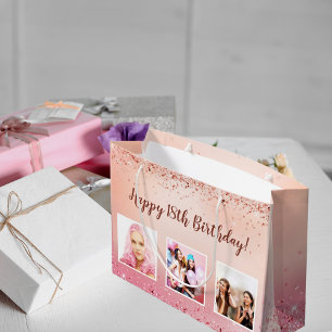 Birthday pink rose gold photo large gift bag