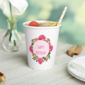 Birthday Pink Rose Red White Petunia Polka Dots Paper Cups