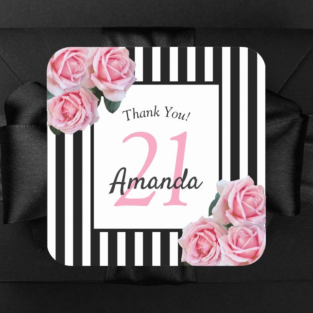 Birthday pink roses black stripes thank you square sticker (Creator Uploaded)