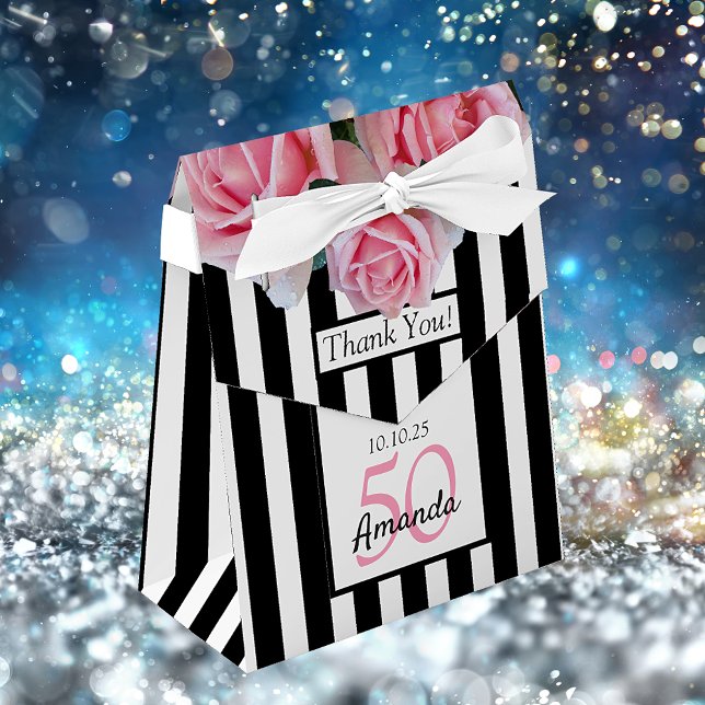 Birthday pink roses black white stripes favour box (Creator Uploaded)