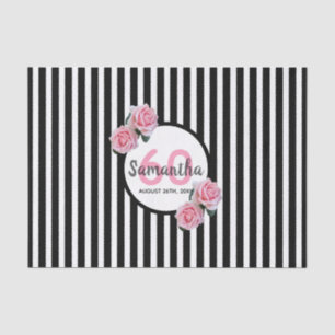 Birthday pink roses black white stripes name tissue paper