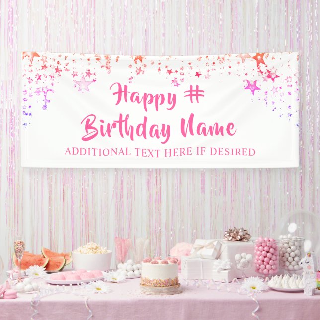 Birthday Pink Stars Brush Script Personalised Banner (Party)