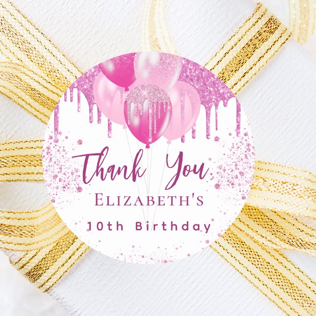 Birthday pink white balloons girl thank you classic round sticker (Creator Uploaded)
