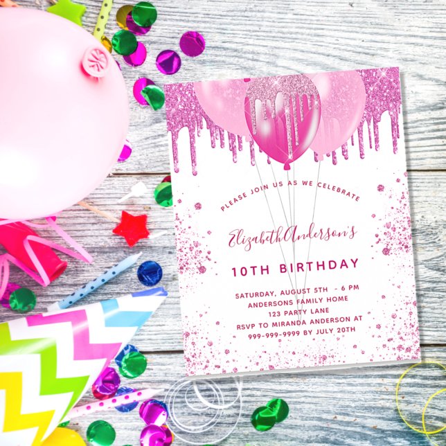 Birthday pink white girl balloon budget invitation flyer (Creator Uploaded)