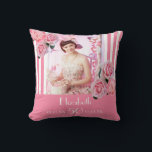 Birthday pink white stripes photo floral name cushion<br><div class="desc">A gift for a womans 50th birthday. Classic slim pink and white vertical stripes as background.  With girly and feminine flowers,  pink roses and peonies as decoration.  
A frame on front with templates for the age 50,  name and dates. Template for your own vertical photo.</div>