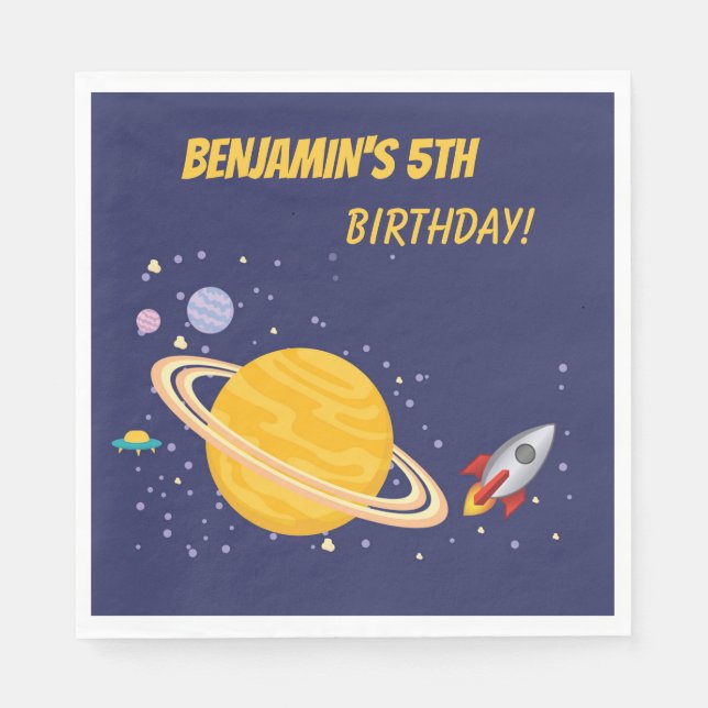 Birthday Planets & Rocket Ship in Outer Space Napkin (Front)