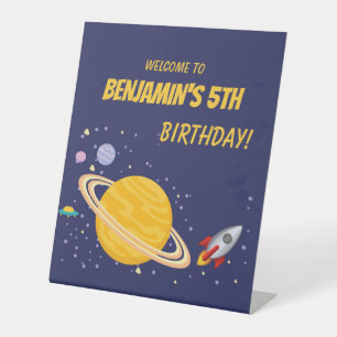 Birthday Planets & Rocket Ship in Outer Space Pedestal Sign