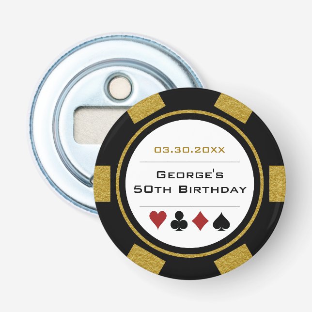 Birthday Poker Chip Casino Theme Gold Black Bottle Opener (Front)