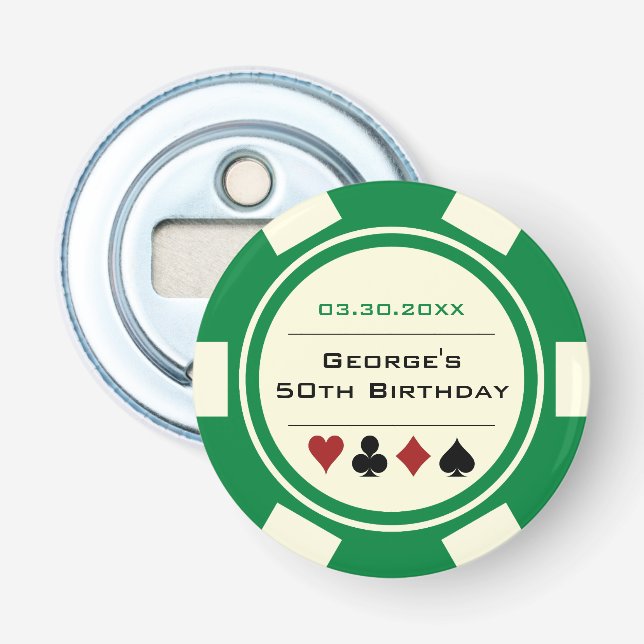 Birthday Poker Chip Casino Theme Green Off White Bottle Opener (Front)