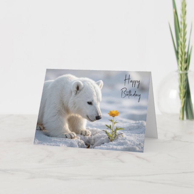 Birthday Polar Bear Cub Admiring a Daisy Card (Front)