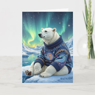 Birthday Polar Bear Sitting Under Northern Lights Card