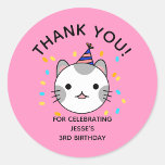 Birthday Polka Dot Cat Thank You Classic Round Sticker<br><div class="desc">Add a beautiful finishing touch to letters,  presents and many more with this adorable birthday cat!</div>