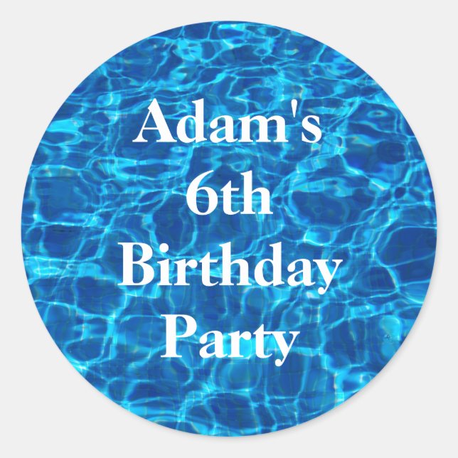Birthday Pool Party Blue Water Personalised Name Classic Round Sticker (Front)