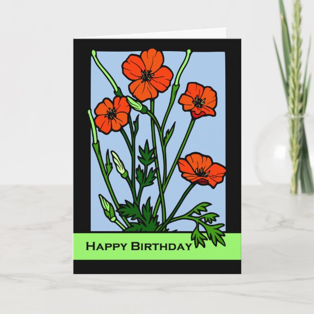 Birthday Poppies, Red Poppy Floral Illustration Card (Front)