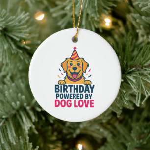 Birthday Powered by Dog Love Illustration Ceramic Tree Decoration