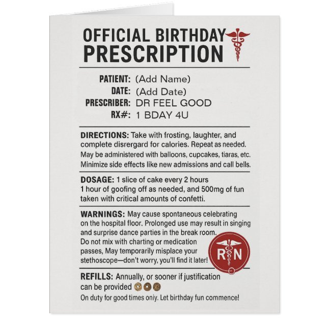 Birthday Prescription Pad Huge Card (Front)