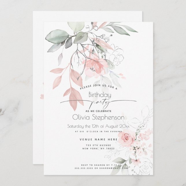 Birthday   | Pretty Pink Cottage Roses Invitation (Front/Back)