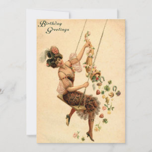 Birthday, Pretty Woman on a Swing, Vintage Holiday Card