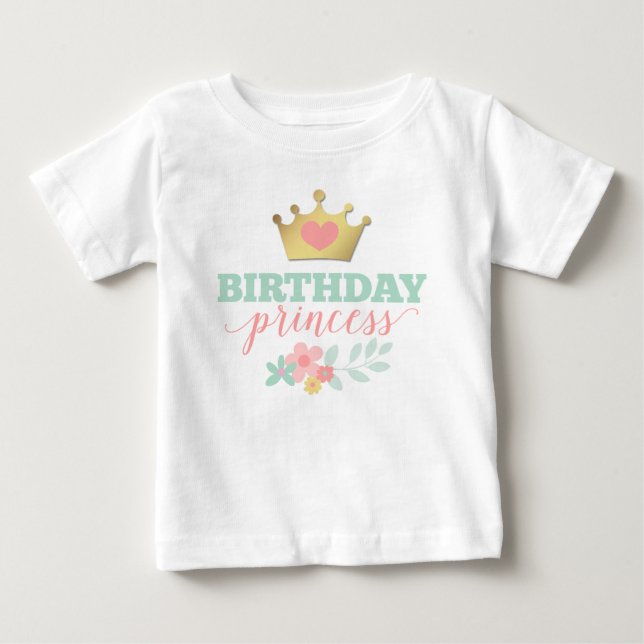 Birthday Princess Gold Crown & Shabby Pink Floral Baby T-Shirt (Front)