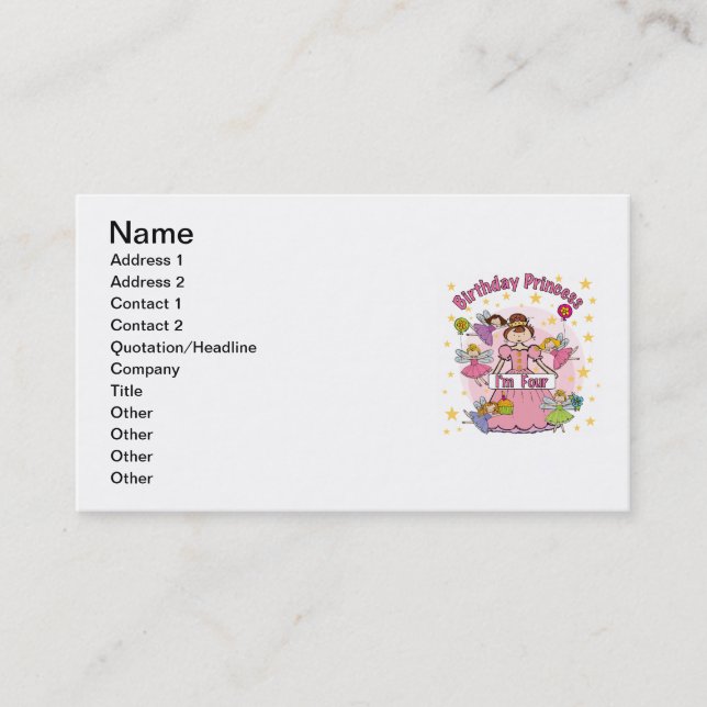 Birthday Princess I'm Four T-shirts and Gifts Business Card (Front)