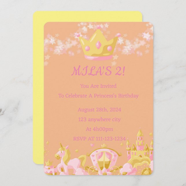 BIRTHDAY PRINCESS INVITATION PEACH COLOR (Front/Back)