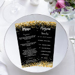 Birthday Progam Menu black gold glitter<br><div class="desc">Birthday party program on the front and the menu on the back.  Personalise and add a name,  age,  date,  program on the front and a the menu on the back.  A chic black background,  decorated with faux glitter dust.  White coloured letters.</div>