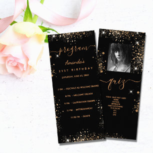 Birthday Progam Quiz black gold glitter photo Rack Card