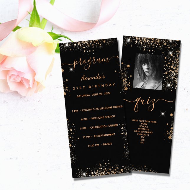 Birthday Progam Quiz black gold glitter photo Rack Card (Creator Uploaded)