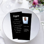 Birthday program black white photo fun facts rack card<br><div class="desc">Birthday party program.  Personalise and add a name,  age and your program. A classic black background.  White coloured letters.
Back: add a photo,   fun facts</div>