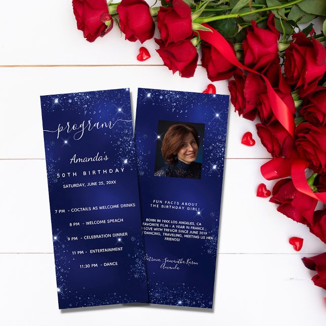 Birthday program blue glitter photo fun facts rack card (Creator Uploaded)