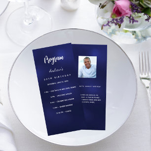 Birthday program navy blue photo fun facts rack card