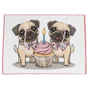 Birthday Pug Dogs Cupcake Large Gift Bag