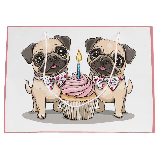 Birthday Pug Dogs Cupcake Large Gift Bag (Front)