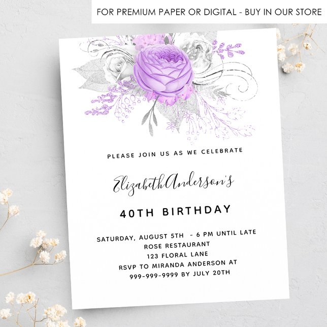 Birthday purple florals elegant silver invitation postcard (Creator Uploaded)